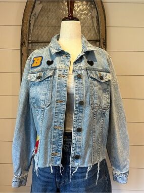 Noisy May Patchwork Denim Jacket Graphic Distressed Blue Jean Jacket S